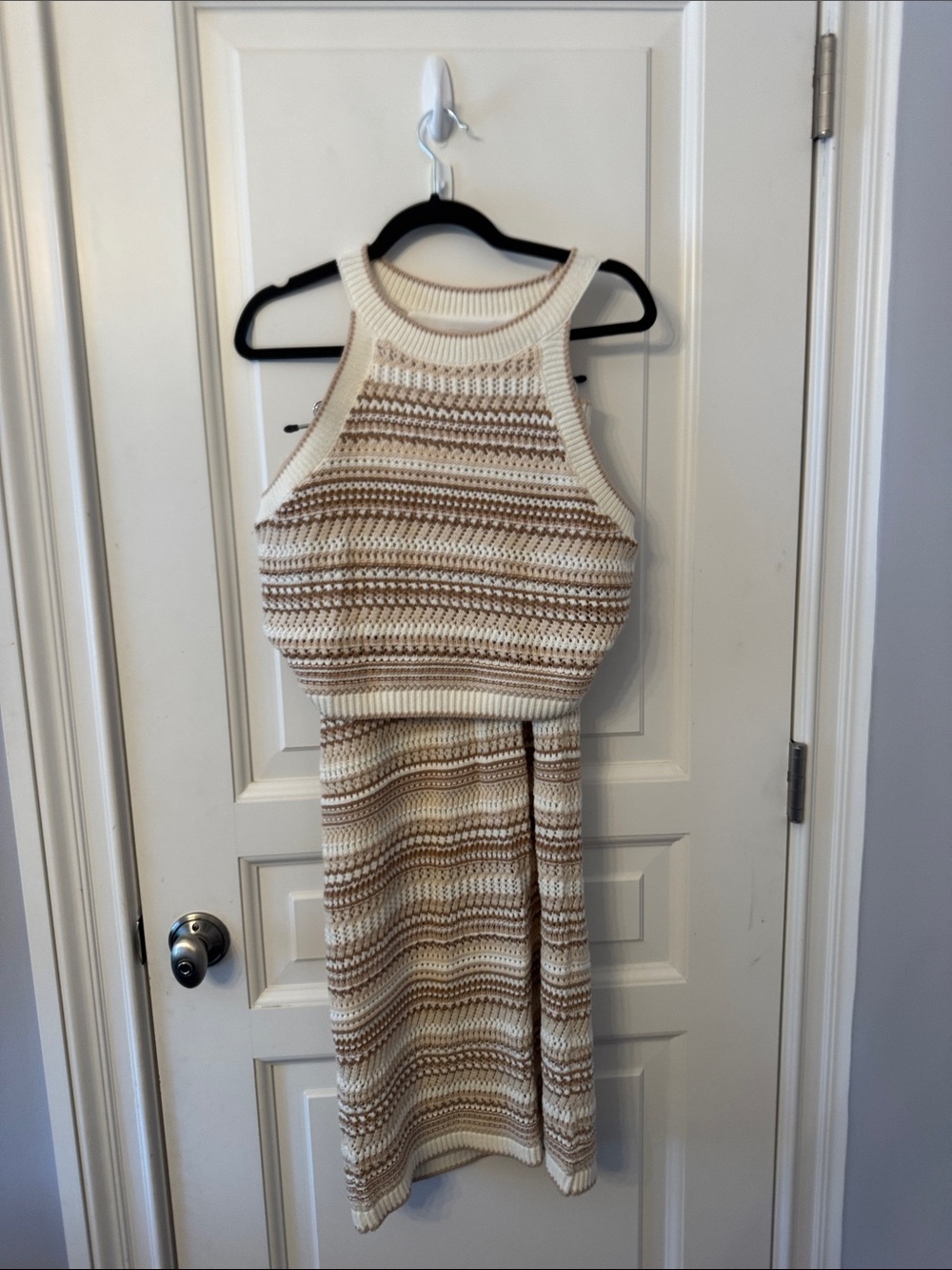 Rachel Zoe Cream and Light Brown Striped Knit Midi Skirt & Top